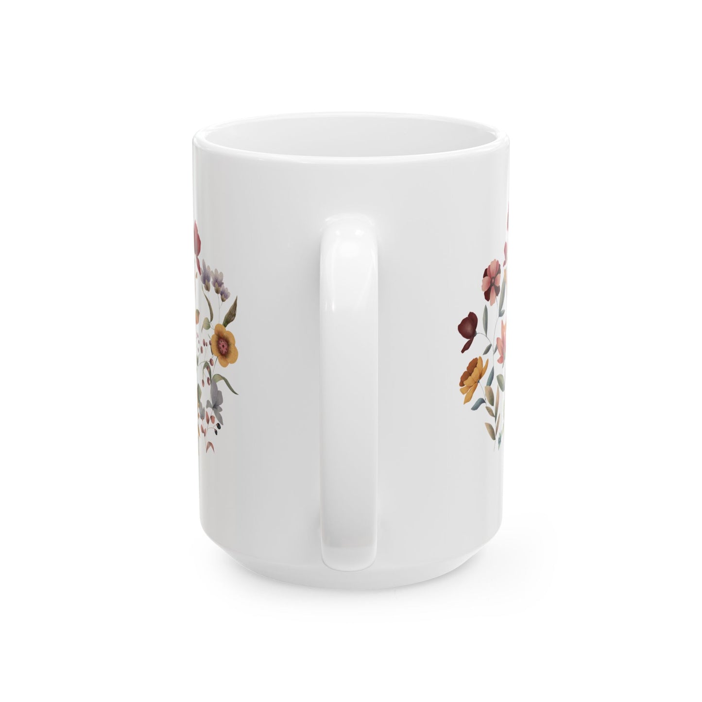 Wildflowers Circle Ceramic Mug, showcasing a vibrant circular arrangement of wildflowers on a white ceramic background. Available in 15oz
