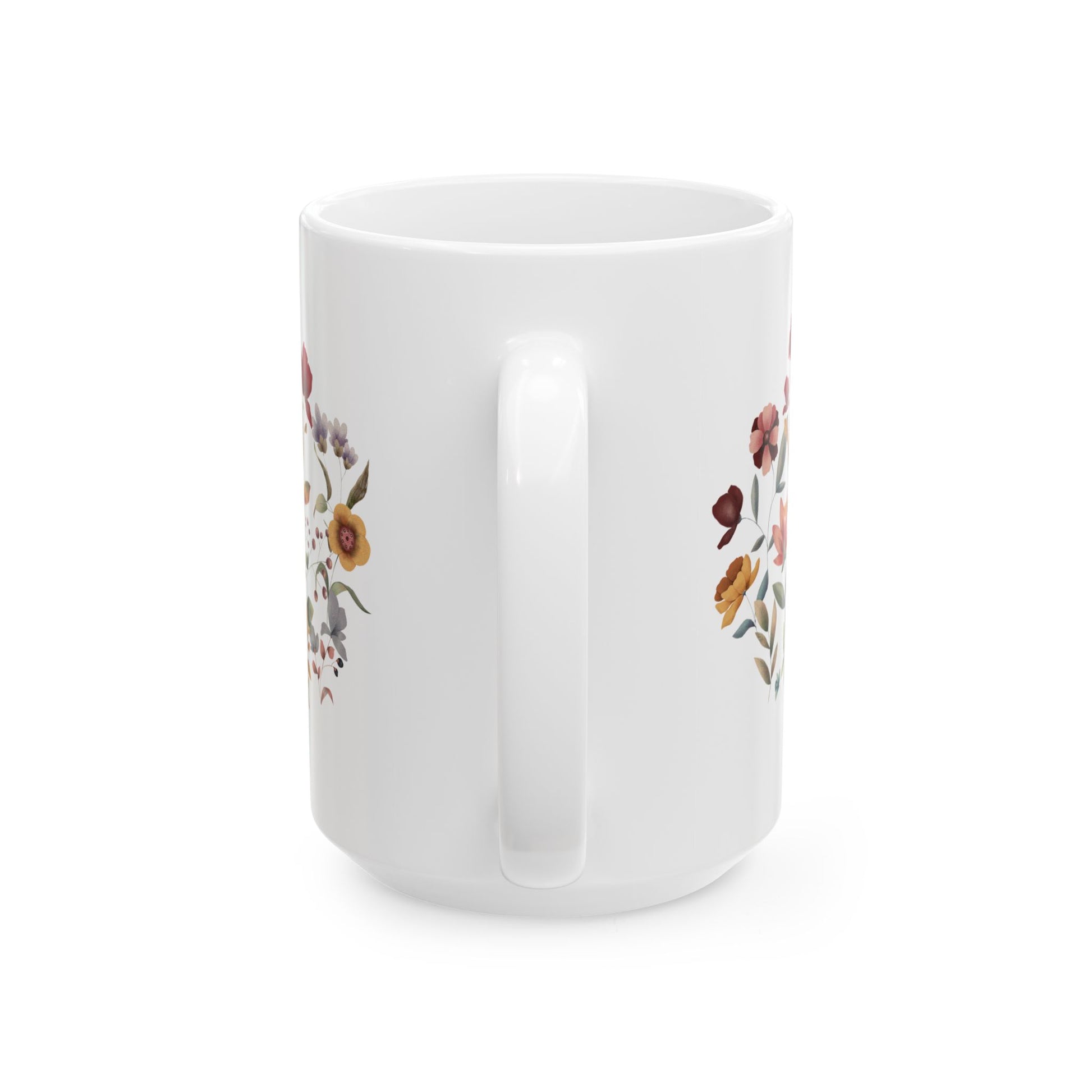 Wildflowers Circle Ceramic Mug, showcasing a vibrant circular arrangement of wildflowers on a white ceramic background. Available in 15oz