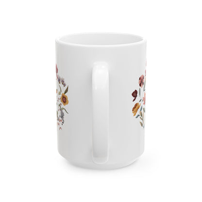 Wildflowers Circle Ceramic Mug, showcasing a vibrant circular arrangement of wildflowers on a white ceramic background. Available in 15oz