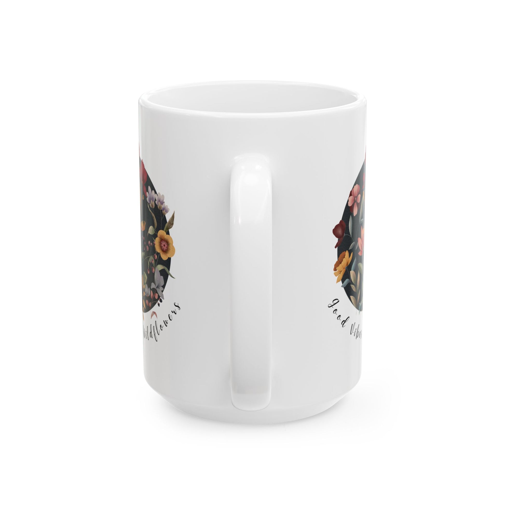 Good Vibes & Wildflowers Ceramic Mug, featuring a vibrant circle of wildflowers on a navy  background. Available in 15oz 