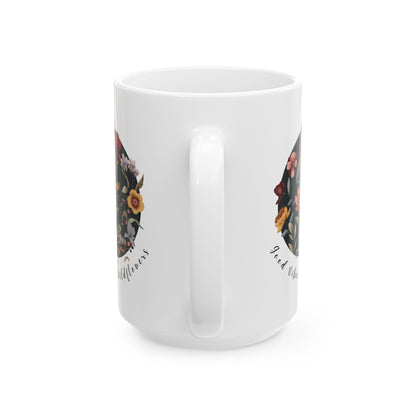 Good Vibes & Wildflowers Ceramic Mug, featuring a vibrant circle of wildflowers on a navy  background. Available in 15oz 