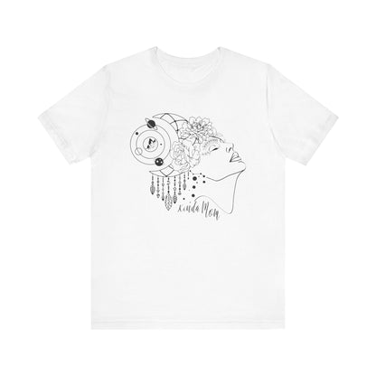 Flat lay of the "Kinda Mom" T-Shirt, highlighting the soft Airlume cotton fabric and classic crew neckline. Color White