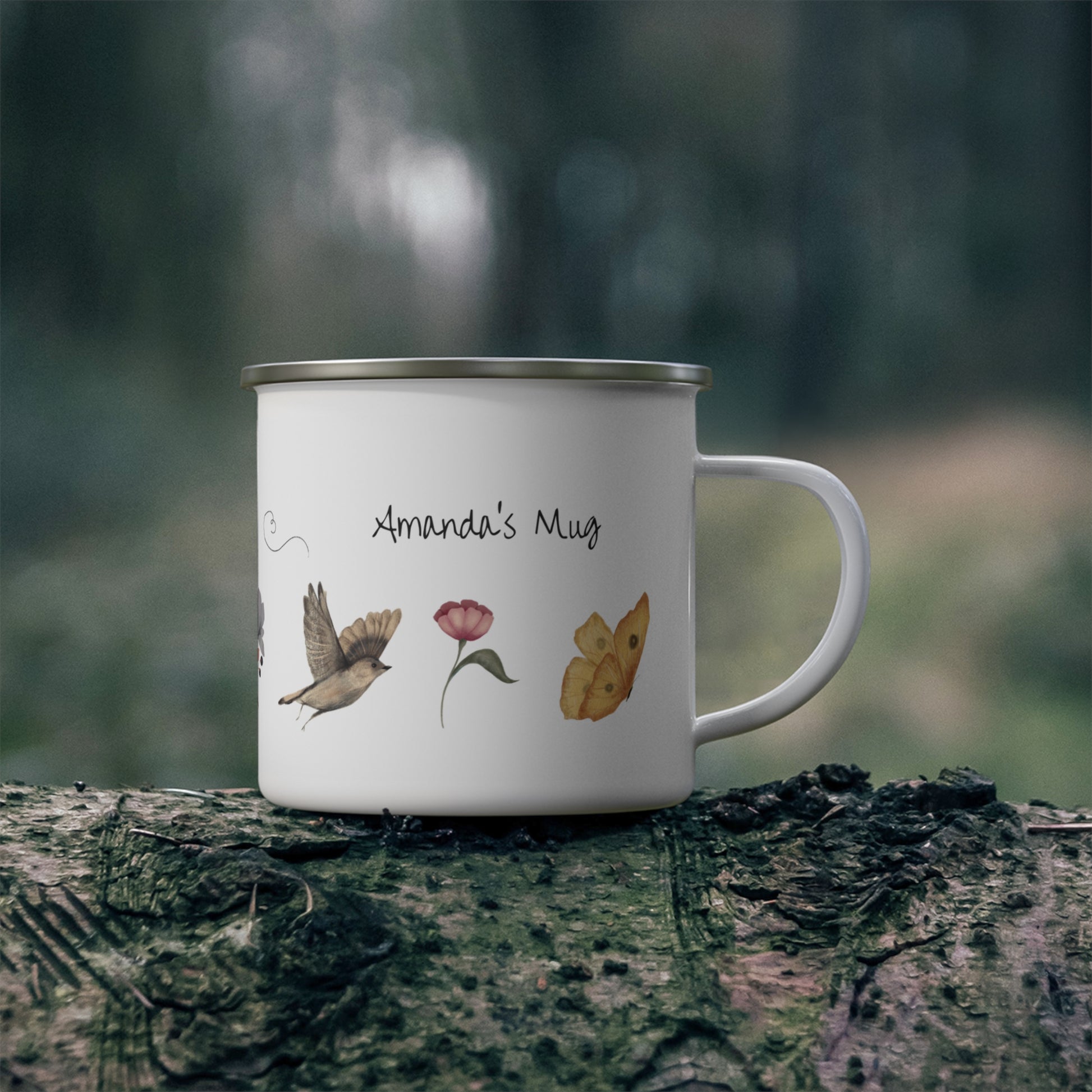 Personalized enamel camping mug featuring Spring Animals and the name
