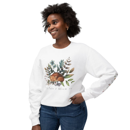 Keep Calm & Bloom on: Watercolor Fox & Flowers Unisex Lightweight Crewneck Sweatshirt - Wild Family Tribe
