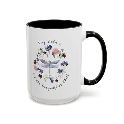 Keep Calm & Let Dragonflies Chill Coffee Mug, featuring a charming designon a white ceramic mug. Available in 15oz Black