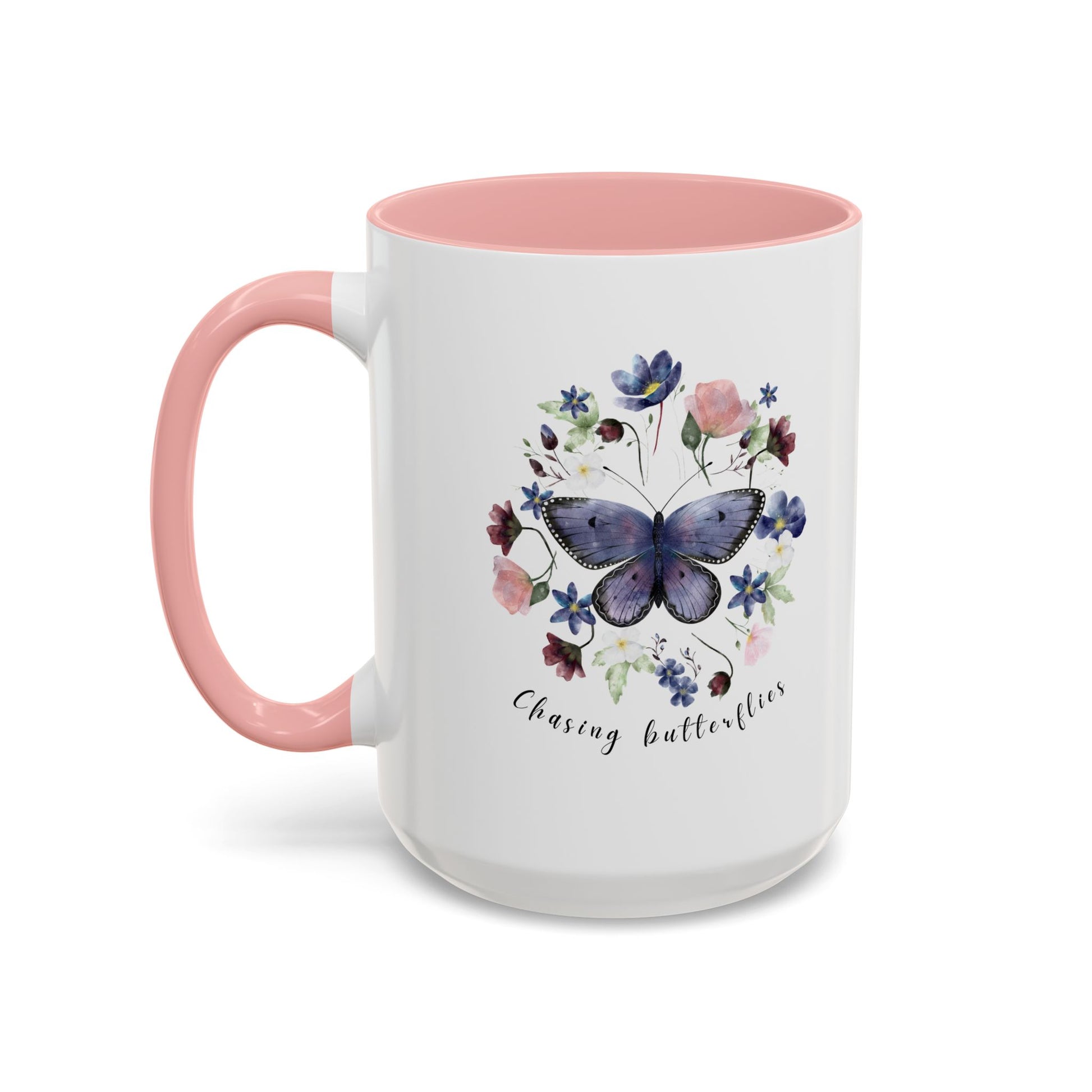 Beautiful Butterfly & Wildflower Accent Coffee Mug, featuring delicate butterflies and vibrant wildflowers on a white ceramic background.  15oz sizes.