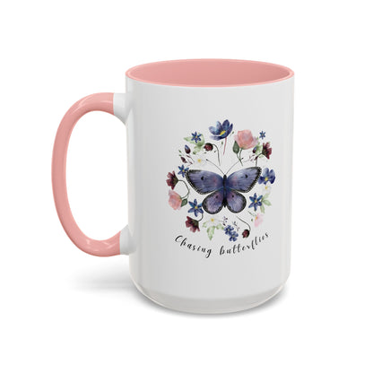Beautiful Butterfly & Wildflower Accent Coffee Mug, featuring delicate butterflies and vibrant wildflowers on a white ceramic background.  15oz sizes.