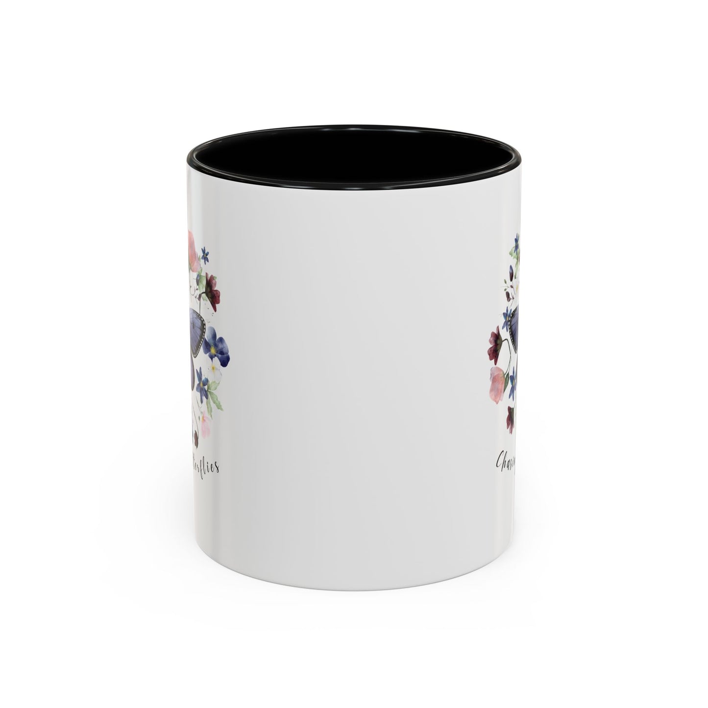 Close-up view of the intricate butterfly and wildflower design on the Butterfly & Wildflower Accent Coffee Mug, showcasing the vibrant colors and delicate details.