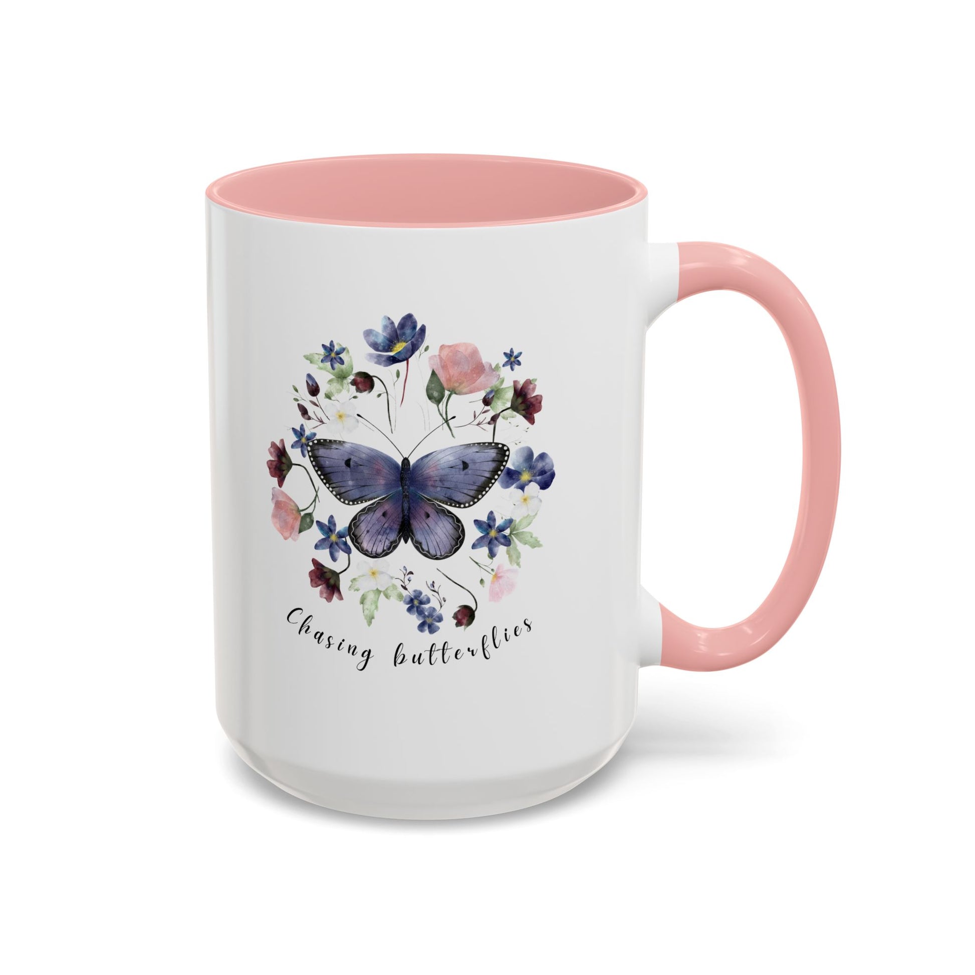 Beautiful Butterfly & Wildflower Accent Coffee Mug, featuring delicate butterflies and vibrant wildflowers on a white ceramic background.  15oz sizes.