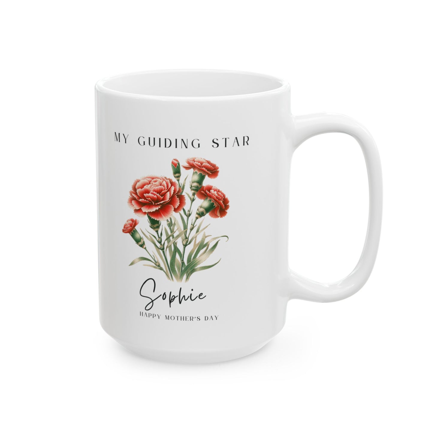 Personalized Wildflower Birth Month Mother's Day Mug, showcasing a sample design with a [January- Carnation] and a personalized name and message, on a white ceramic mug. Available in 15oz.