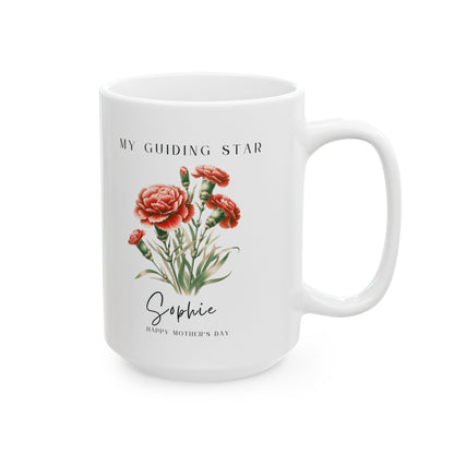 Personalized Wildflower Birth Month Mother's Day Mug, showcasing a sample design with a [January- Carnation] and a personalized name and message, on a white ceramic mug. Available in 15oz.