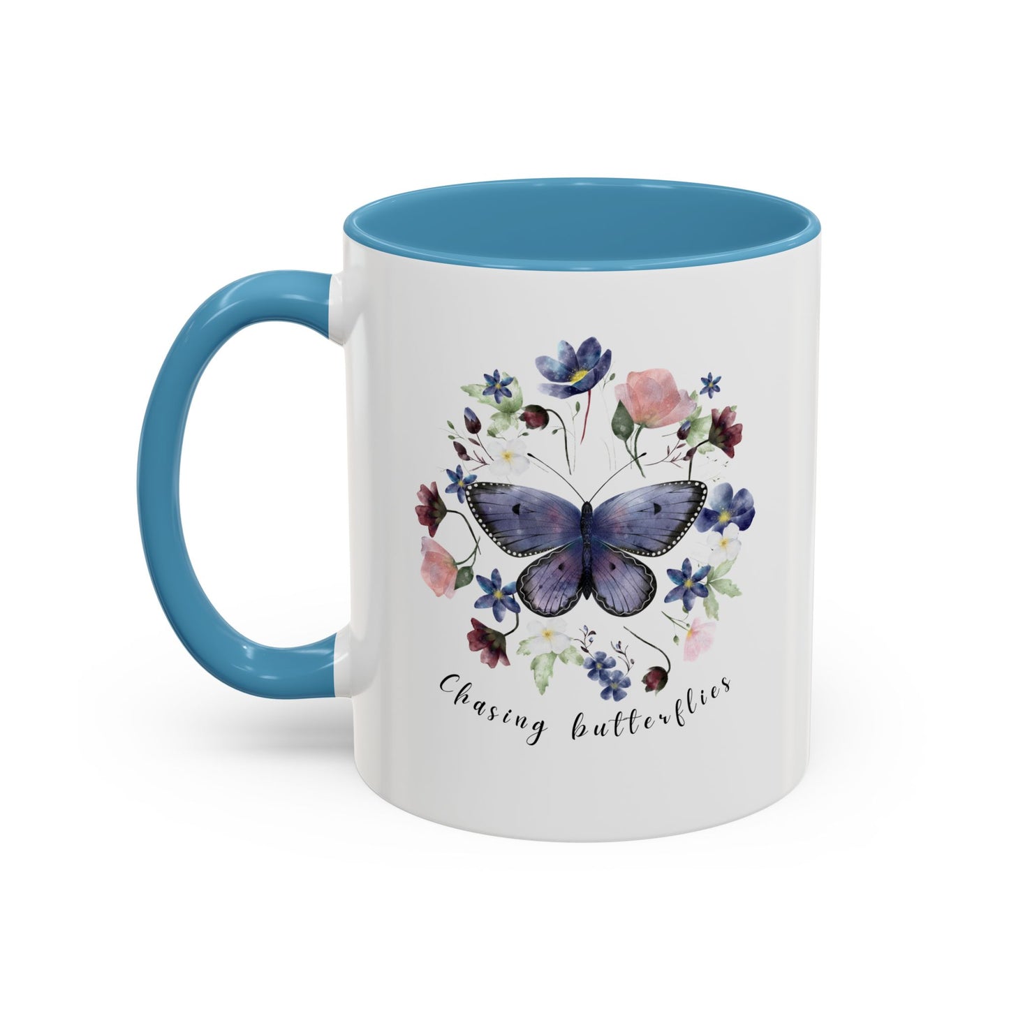 Beautiful Butterfly & Wildflower Accent Coffee Mug, featuring delicate butterflies and vibrant wildflowers on a white ceramic background.  15oz sizes.