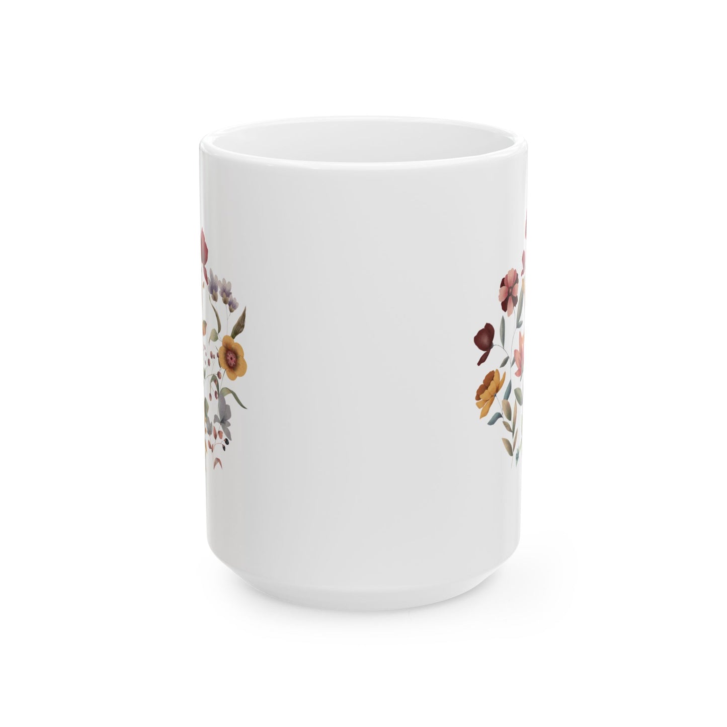 Wildflowers Circle Ceramic Mug, showcasing a vibrant circular arrangement of wildflowers on a white ceramic background. Available in 15oz