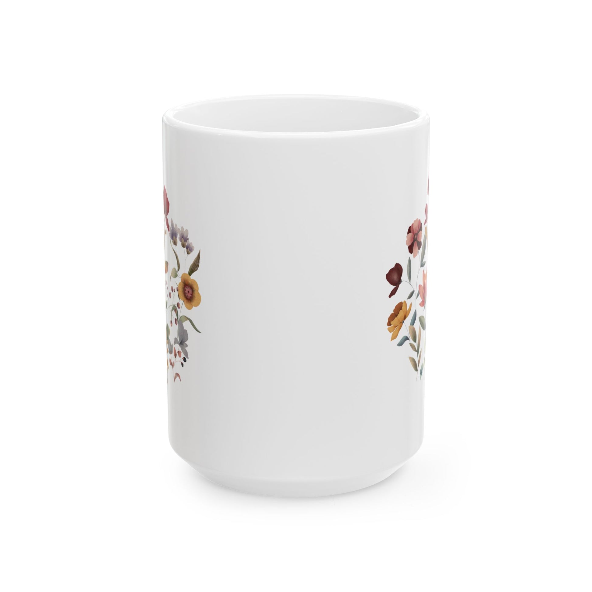 Wildflowers Circle Ceramic Mug, showcasing a vibrant circular arrangement of wildflowers on a white ceramic background. Available in 15oz