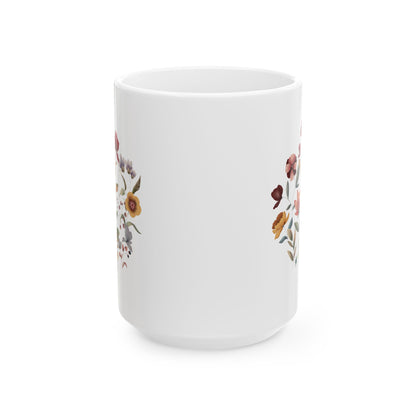 Wildflowers Circle Ceramic Mug, showcasing a vibrant circular arrangement of wildflowers on a white ceramic background. Available in 15oz