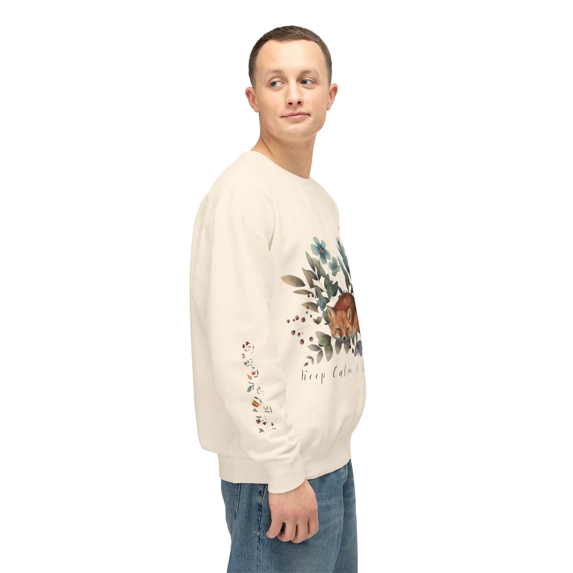 Keep Calm & Bloom on: Watercolor Fox & Flowers Unisex Lightweight Crewneck Sweatshirt - Wild Family Tribe