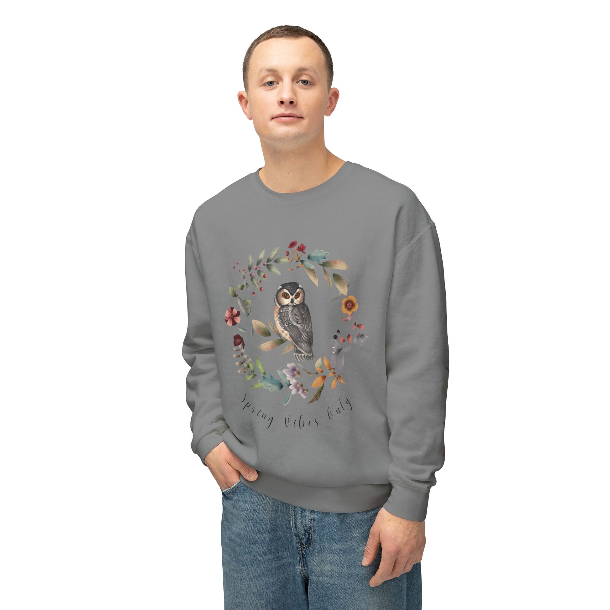 Spring Vibes Only: Watercolor Owl & Flowers Unisex Lightweight Crewneck Sweatshirt - Wild Family Tribe