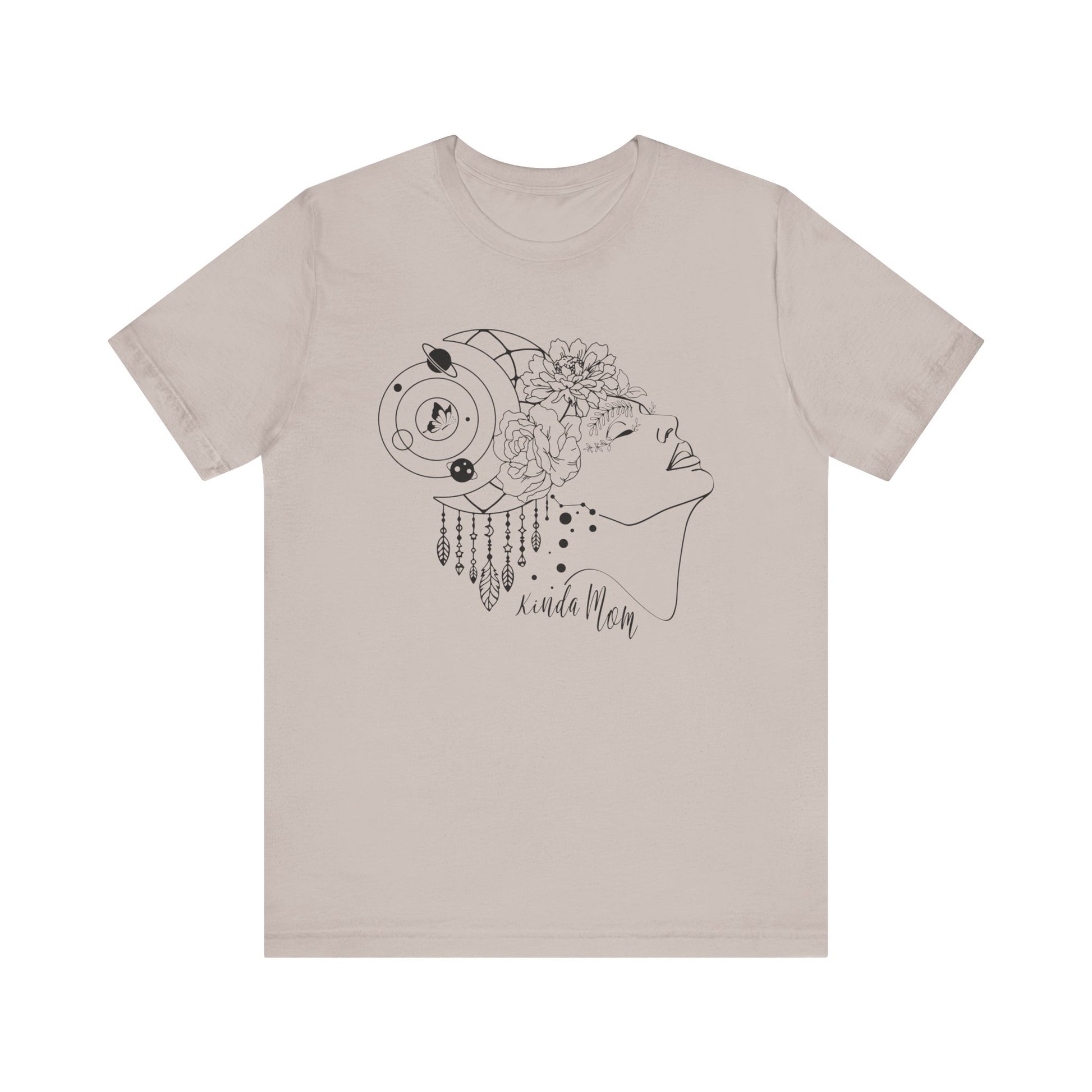 Flat lay of the "Kinda Mom" T-Shirt, highlighting the soft Airlume cotton fabric and classic crew neckline. Color Heather Clay Grey