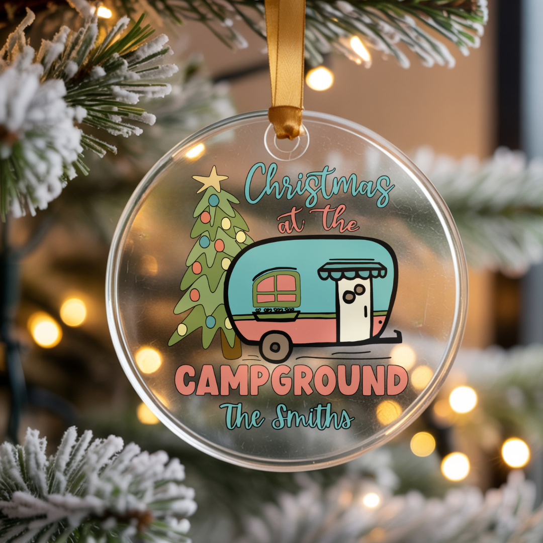 Personalized 'Christmas at the Campground' Family Clear Acrilic Ornament