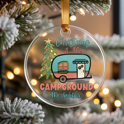 Personalized 'Christmas at the Campground' Family Clear Acrilic Ornament