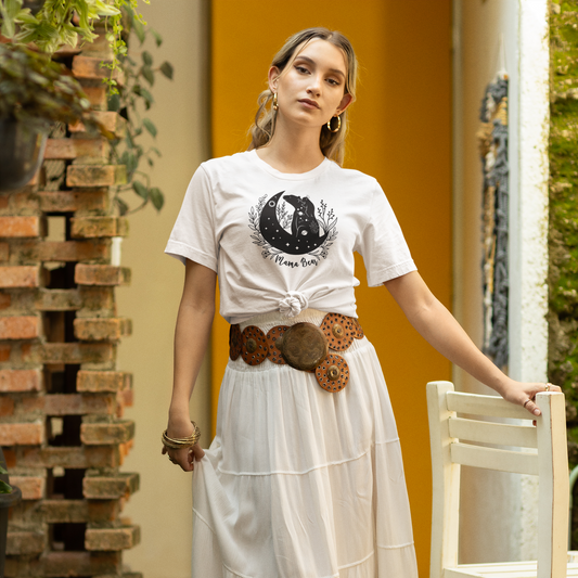 "Mamma Bear" Unisex Jersey T-Shirt, featuring a Mamma Bear  in a Boho crescent moon, modeled by Woman wearing size L