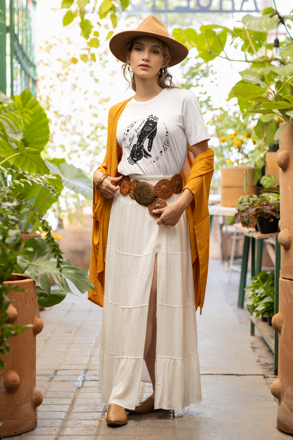 "Together Forever" Mother's Day Unisex Jersey T-Shirt, featuring  both hands (mother & son) in a starring circle design, modeled by woman wearing size M