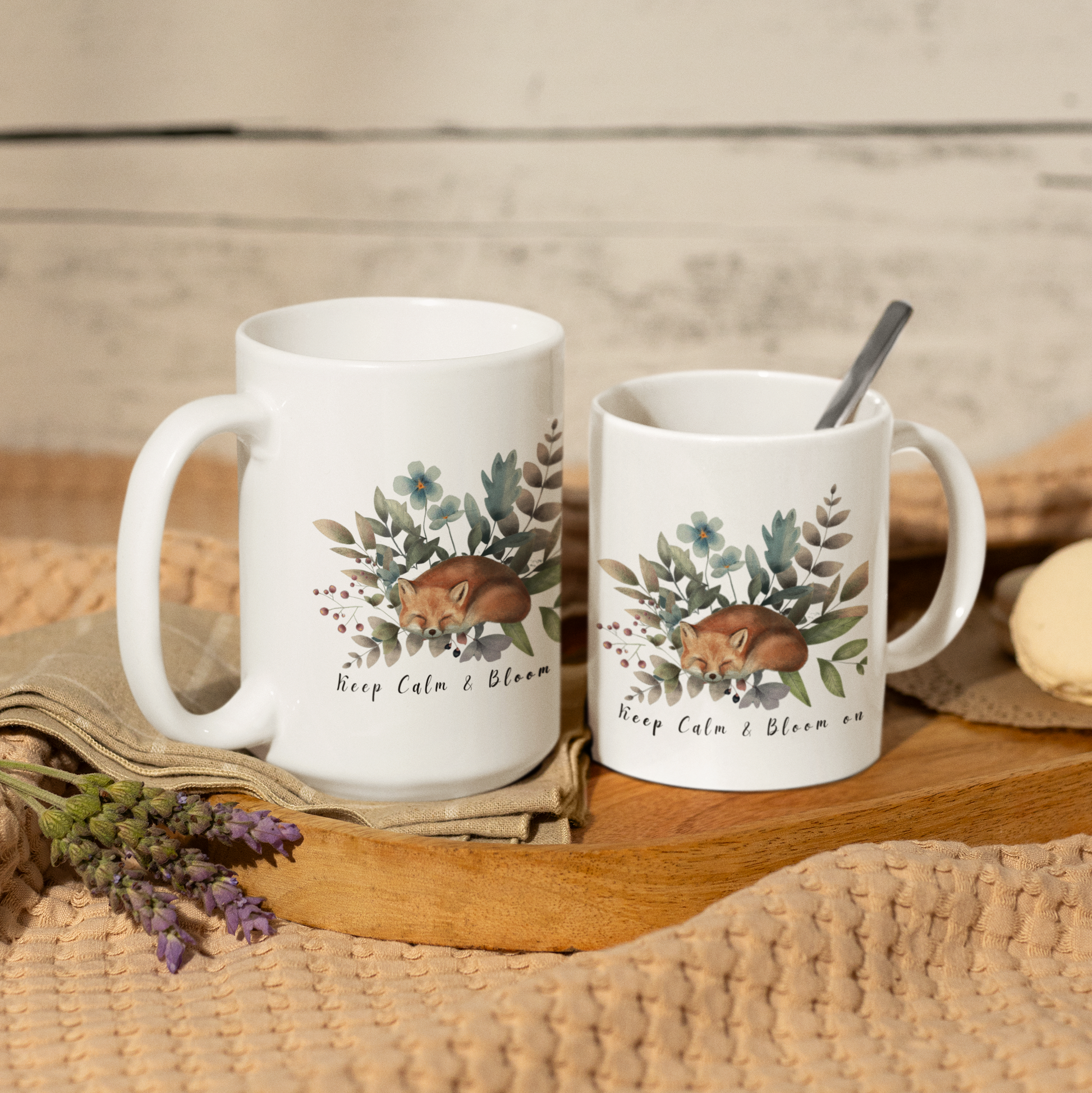 Comparison of the 11oz and 15oz sizes of the Bloom On Coffee Mug