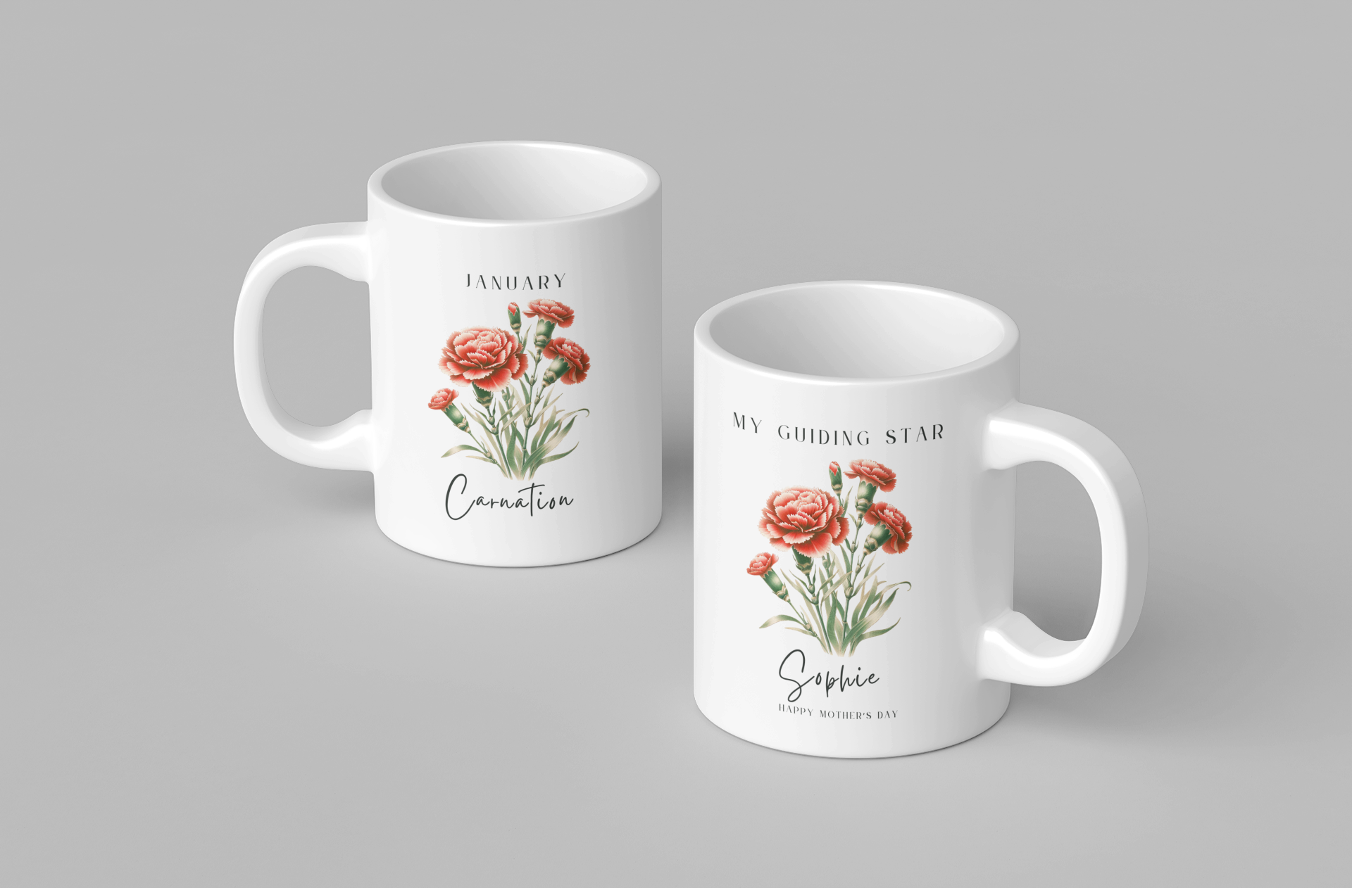 Personalized Wildflower Birth Month Mother's Day Mug, showcasing a sample design with a [January- Carnation] and a personalized name and message, on a white ceramic mug. Available in 11oz and 15oz.