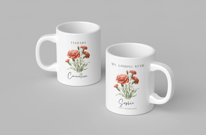 Personalized Wildflower Birth Month Mother's Day Mug, showcasing a sample design with a [January- Carnation] and a personalized name and message, on a white ceramic mug. Available in 11oz and 15oz.