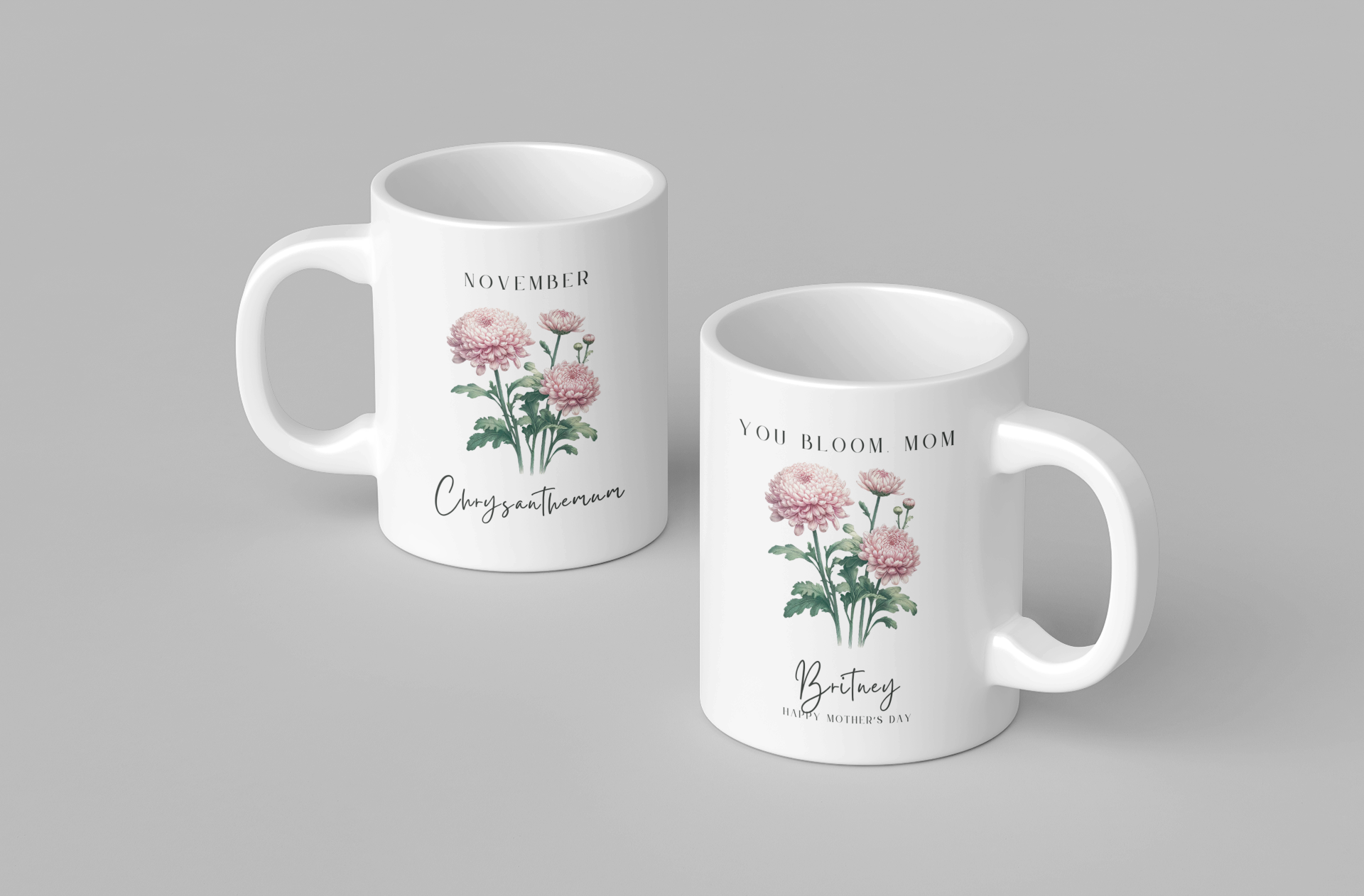 Personalized Wildflower Birth Month Mother's Day Mug, showcasing a sample design with a [January- Carnation] and a personalized name and message, on a white ceramic mug. Available in 11oz and 15oz.