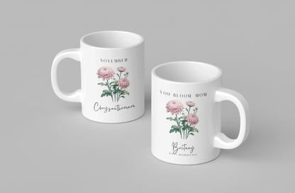 Personalized Wildflower Birth Month Mother's Day Mug, showcasing a sample design with a [January- Carnation] and a personalized name and message, on a white ceramic mug. Available in 11oz and 15oz.