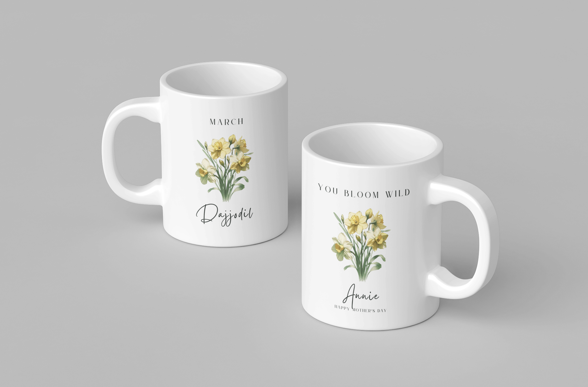 Personalized Wildflower Birth Month Mother's Day Mug, showcasing a sample design with a [March- Dajjodil] and a personalized name and message, on a white ceramic mug. Available in 11oz and 15oz.