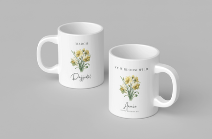 Personalized Wildflower Birth Month Mother's Day Mug, showcasing a sample design with a [March- Dajjodil] and a personalized name and message, on a white ceramic mug. Available in 11oz and 15oz.