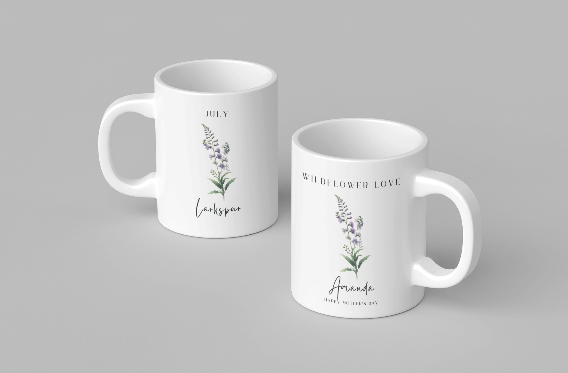 Personalized Wildflower Birth Month Mother's Day Mug, showcasing a sample design with a [July- Larkspur] and a personalized name and message, on a white ceramic mug. Available in 11oz and 15oz.