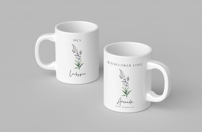 Personalized Wildflower Birth Month Mother's Day Mug, showcasing a sample design with a [July- Larkspur] and a personalized name and message, on a white ceramic mug. Available in 11oz and 15oz.