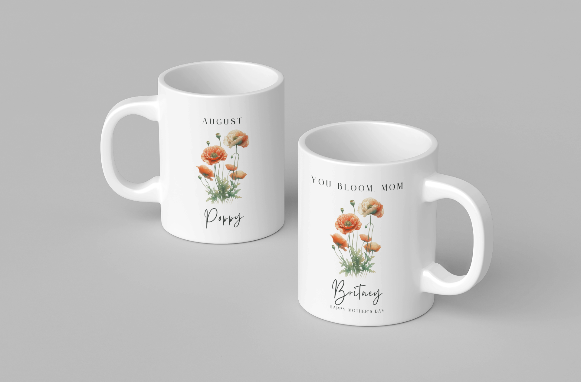 Personalized Wildflower Birth Month Mother's Day Mug, showcasing a sample design with a [August- Poppy] and a personalized name and message, on a white ceramic mug. Available in 11oz and 15oz.