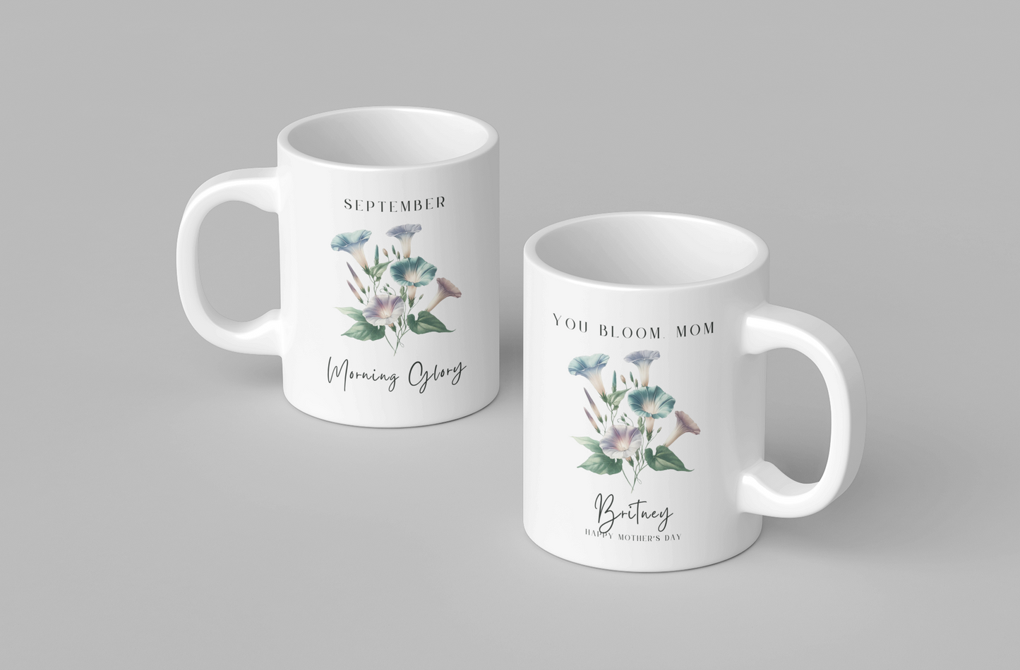 Personalized Wildflower Birth Month Mother's Day Mug, showcasing a sample design with a [September- Morning Glory] and a personalized name and message, on a white ceramic mug. Available in 11oz and 15oz.