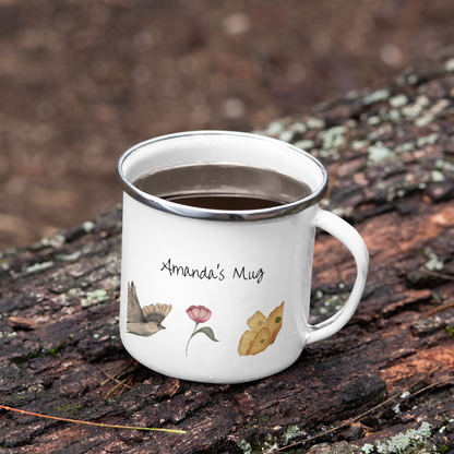 Personalized enamel camping mug featuring Spring Animals and the name