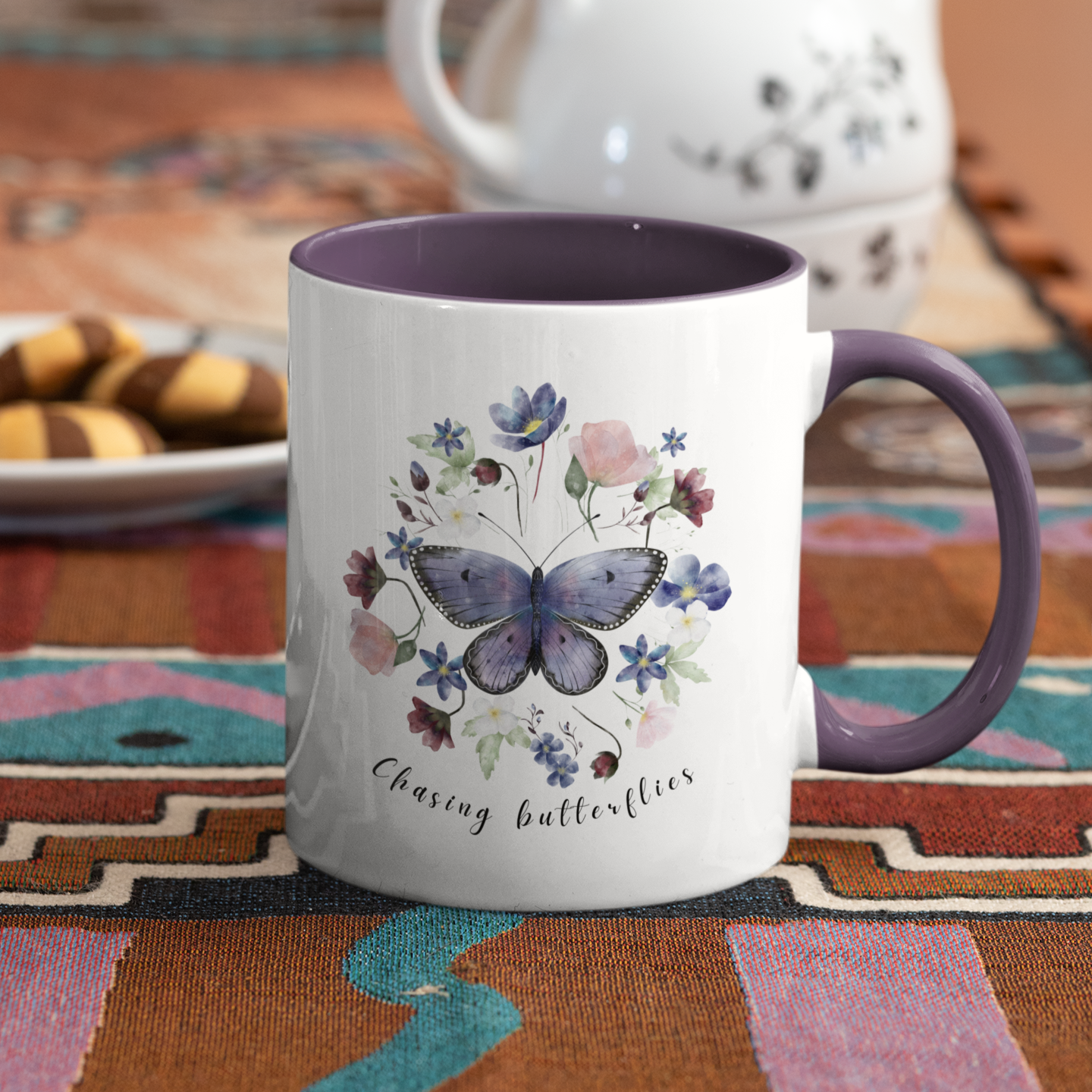 Beautiful Butterfly & Wildflower Accent Coffee Mug, featuring delicate butterflies and vibrant wildflowers on a white ceramic background. Available in 11oz and 15oz sizes.