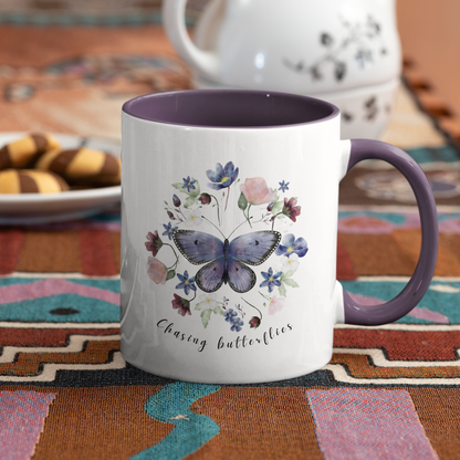 Beautiful Butterfly & Wildflower Accent Coffee Mug, featuring delicate butterflies and vibrant wildflowers on a white ceramic background. Available in 11oz and 15oz sizes.