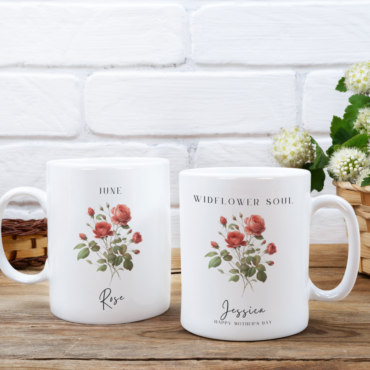 Personalized Wildflower Birth Month Mother's Day Mug, showcasing a sample design with a [Example: June - Rose ] and a personalized name and message, on a white ceramic mug. Available in 11oz and 15oz.