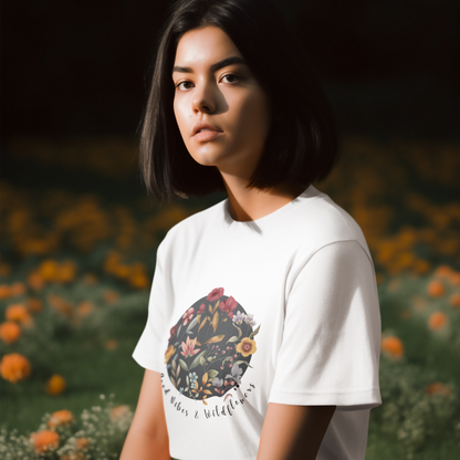 "Hello Spring: Good Vibes & Wildflowers" Unisex Ultra Cotton Tee, featuring a delicate watercolor illustration of various wildflowers arranged in a natural and flowing design, with the text "Good Vibes & Wildflowers" incorporated into the artwork, modeled by a woman wearing size M. Color White