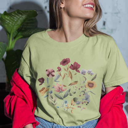 "Hello Spring" Floral Unisex Ultra Cotton Tee, featuring a vibrant botanical illustration of various spring flowers, modeled by a woman wearing size M. Color White