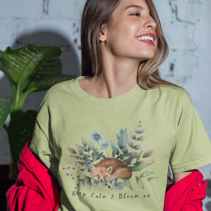 Lifestyle shot of a person wearing the "Keep Calm & Bloom On" T-Shirt while 